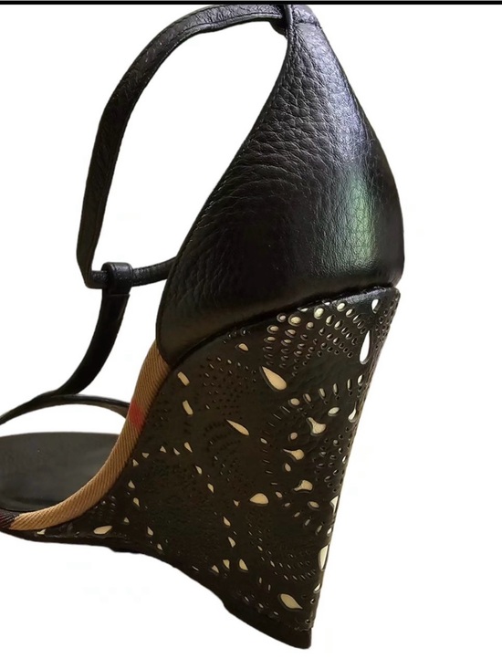 Burberry Black Laser-Cut Wedge Sandals with T‑Strap